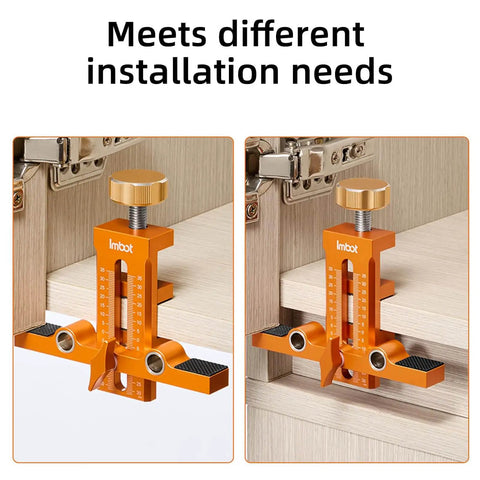 Cabinet Door Mounting Jig With Upgraded Dual Hole Locator, Aluminum Alloy Alignment Tool for Frameless or Framed Cabinets installed.