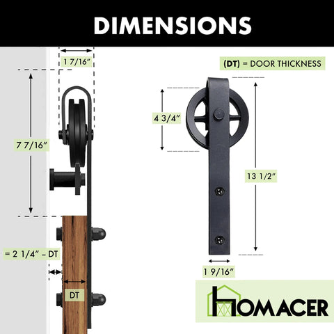 Dimensions of Black Rustic Non-Bypass Sliding Barn Door Hardware Kit For One Door With 6.6 Ft Flat Track And Spoke Wheel Roller