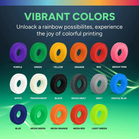 Colorful rubber wheels in 18 shades, showcasing options like purple, green, black, and digital blue in a vibrant display.