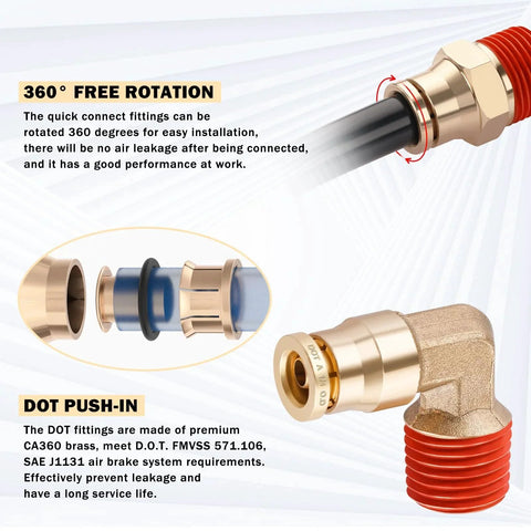 43 Pcs Brass DOT Air Line Fittings Kit With Fifty Feet One Quarter Inch And Thirty Two Point Eight Feet Three Eighths Inch DOT Air Hose with quick connect and push-in fittings shown.