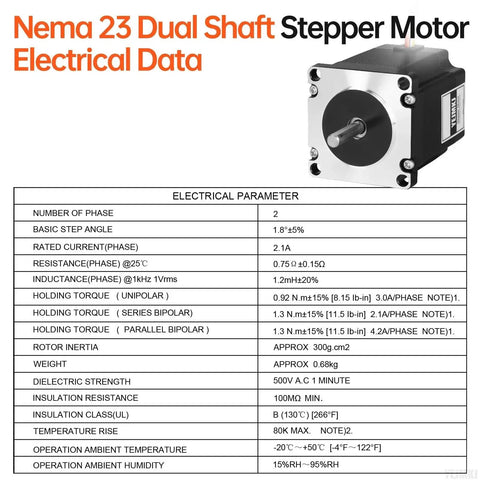 Electrical data of Dual Shaft Nema 23 Stepper Motor High Torque For CNC Mill And 3D Printer, shown with specifications table.