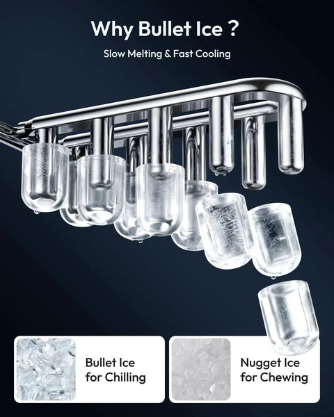Bullet-shaped ice cubes being made by Portable Countertop Ice Maker With Handle 26 Lbs Daily Output 6 Minute Ice Cubes