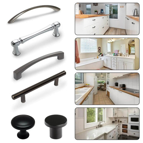 Aluminum Cabinet Hardware Jig With Adjustable Template For Precise Hole Spacing And Doweling Guide For Easy No Fuss Drawer And Door Handle Install Woodworking Drilling Template For Knobs And Pulls shown with various knobs, pulls, and installed views in kitchens.