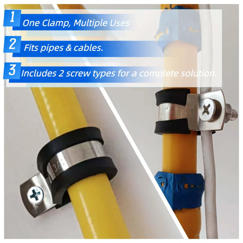 HOLADAWN 60 Pcs cable clamps kit, 304 stainless steel with rubber cushions for pipes and hoses, 5 sizes 1/4-1 in.