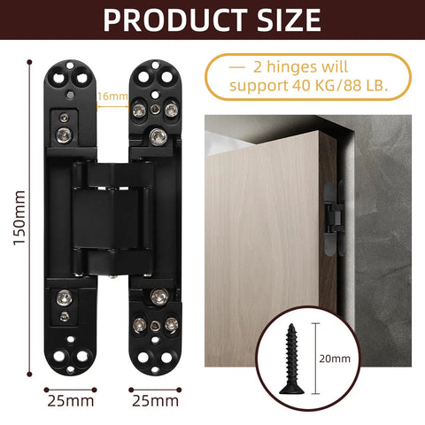 Six Inch Hidden Door Hinges Invisible Hinges Two Pack Heavy Duty Zinc Alloy Three Way Adjustable Butt Hinge with side view
