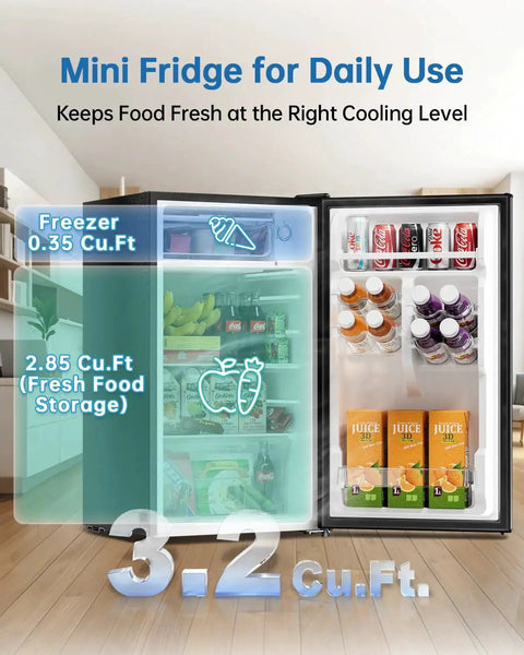 Open 3.2 Cu Ft Mini Fridge With Freezer And Reversible Door For Dorm Energy Efficient, showing interior storage and beverages.