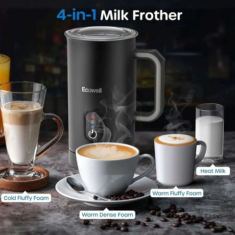 4 In 1 Automatic Milk Frother And Steamer For Coffee Lovers Hot Chocolate Maker with various foam types displayed