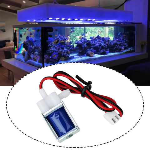 Two Pack Micro Mini DC 5V To 6V Solenoid Valve Normally Closed 2 Way Air And Water Valve shown with aquarium