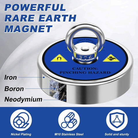 Close-up of a powerful rare earth fishing magnet highlighting iron, boron, and neodymium materials; includes steel loop for pulling.