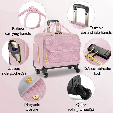 Rolling Laptop Bag For Women With Four Spinner Wheels And Telescopic Extendable Handle TSA Friendly Carry On Roller Case Pink