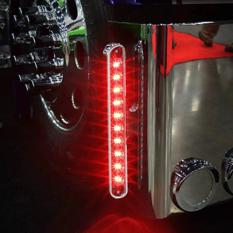 Close-up of installed Dual Function LED Trailer Light Bar Pair 9 1 4 Inch Long Red And Amber Double Face Marker And Turn Signal Lights Chrome Plastic Mounts Prewired With Double Metal Stud Mounts For Trucks