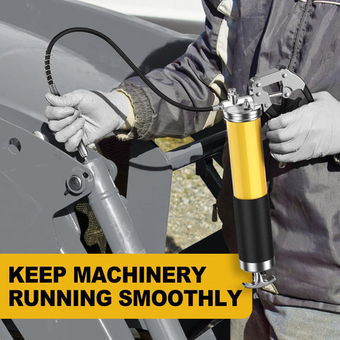 Fantictas grease gun kit with pistol grip, yellow and black body, 18-inch hose, includes injector, needle, and coupler