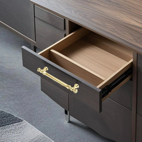 Minimalist Bright Gold Aluminum Alloy Cabinet And Wardrobe Handles Set installed on drawer