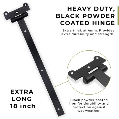18-Inch Matte Black Barn Door Hinges, heavy duty 4mm thick iron gate hinges shown with close-up on design and finish.