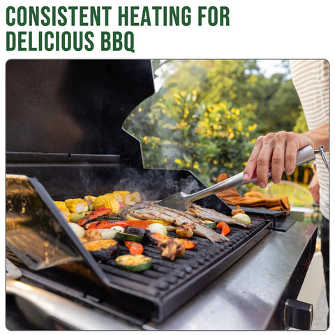 Alloxity 4FT propane regulator with hose - outdoor grill scene with corn, fish, peppers, and tongs.