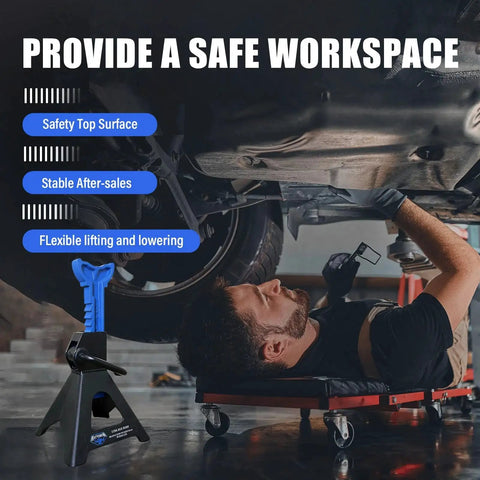Mechanic using a 3 Ton Heavy Duty Car Jack Stands Set With Adjustable Height From 11.22 To 16.77 Inches for vehicle maintenance