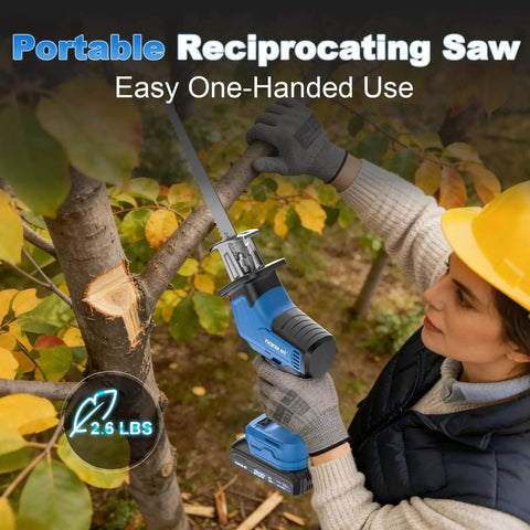 Person using Cordless Reciprocating Saw With Powerful Brushless Motor, 20V, 3500 RPM, cutting tree branch, single-handed use