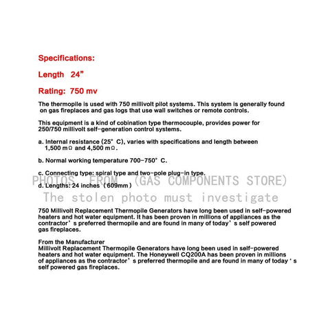 Thermopile replacement generator specifications, 24-inch length, 750 mv rating for gas fireplaces.