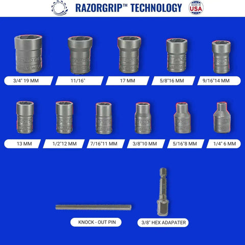 13 Piece Bolt Extractor Set Made In USA With Three Eighths Inch Drive, various sizes and hex adapter on blue background