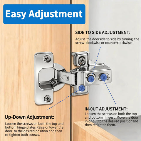 Mirdinner stainless steel concealed cabinet hinge installed on a wood door with mounting screws and repair plate.