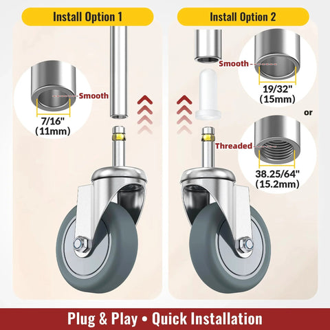 Installation options for 3 Inch Swivel Stem Caster Wheels Set Of Four Heavy Duty Seven Sixteenth Inch Stem Diameter TPR Replacement Castors