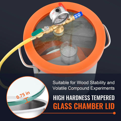VEVOR 3-Gallon vacuum chamber with tempered glass lid, 304 stainless steel body, orange lid ring.