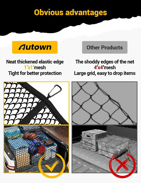 Comparison of Heavy Duty Truck Bed Cargo Net Stretchable From 4x4 To 7x7 In 1x1 Inch Mesh With 8 Metal Carabiners by AUTOWN and other products.