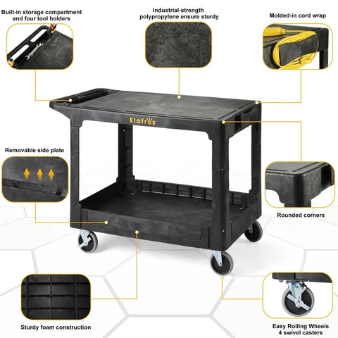 Large Heavy Duty Plastic Utility Cart with Flat Top Measuring Forty Two Point Five by Twenty Five Inches for Garage, Black