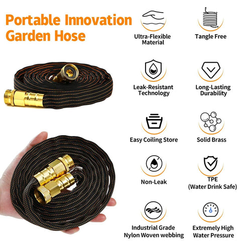 Garden hose 25ft orange-black, lightweight flexible non-kink hose with solid brass fittings, TPE material.