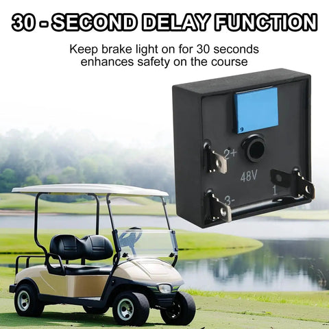 30 Second Brake Light Timer Relay for Golf Carts displayed near a golf cart; keeps brake lights on after pedal release, compatible 12-48V.