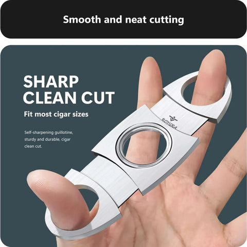 Close-up of roygra Cigar Cutter Set (2 Pack), Guillotine Double Blade in use, showing stainless steel construction.