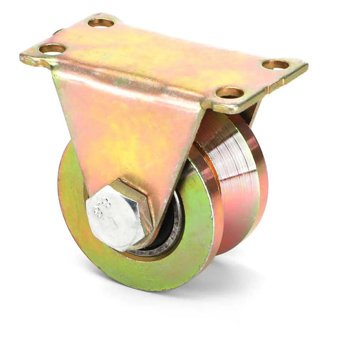 Close-up of a heavy duty steel caster wheel with V track pulley for sliding gates, 2-inch diameter, part of an 8 Pack 2 Inch V Groove Wheel Set For Sliding Gates And Industrial Rails Heavy Duty Steel Caster Wheels With V Track Pulley Roller For Rolling Gate And Industrial Machinery Loading Up To 650 Lbs Each