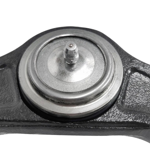 Close-up of Beefed Up Front Upper Control Arm With Ball Joints Replacement Kit for GM vehicles, metal construction visible.