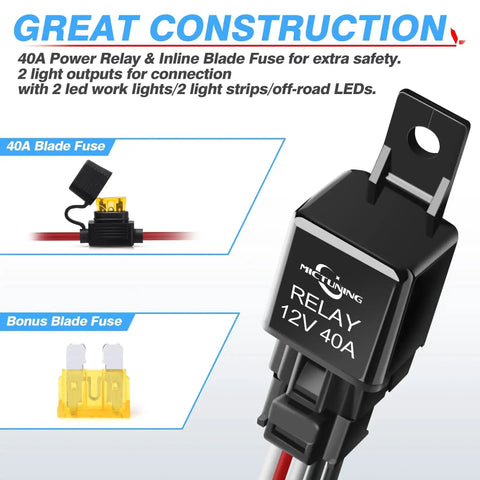 40A relay and blade fuse from LED Light Bar Wiring Harness With Waterproof On Off Toggle Switch, 180W load, flexible copper wire