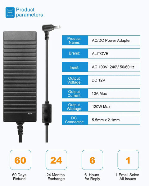 12V Power Supply 10A 120W AC Adapter Universal 100-240V 50/60Hz DC Converter With 5.5x2.5mm Output for LED Strip Lights CCTV Cameras and 3D Printers Plug And Play For DIY Projects.