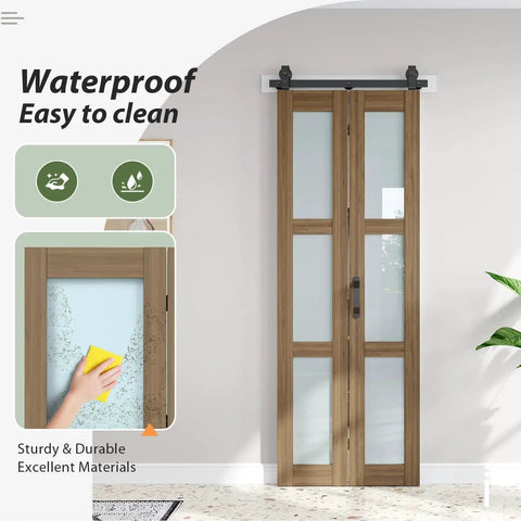 Front view of a Double 15x84 Frosted Glass Barn Door Set in Brown Finish Sliding Bifold Closet Doors with Hardware Kit Included.