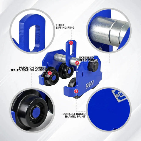 Front view of blue KARRYTON 3-Ton beam trolley with dual-track rollers and 4-8 in adjustable flange width