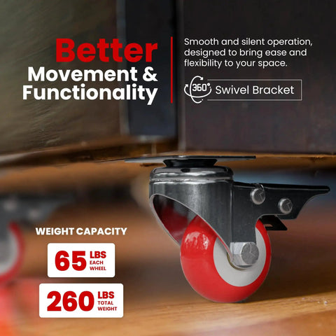 Red Polyurethane 2 Inch Swivel Caster Wheels With Plate For Carts; single wheel showing lock and bracket, 65 lbs capacity, 260 lbs total.