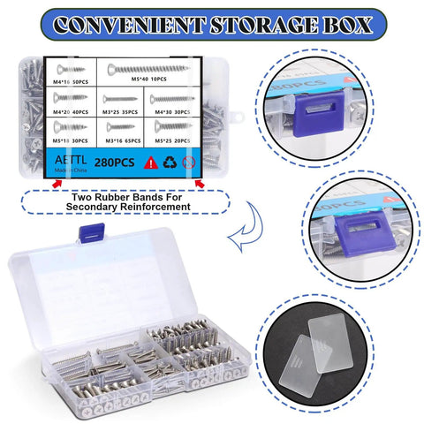 Value Packed 280 Pieces Wood Screws Set In M5 M4 M3 Sizes Flat Head Stainless Steel Self Tapping Deck Door Cabinet Hardware Kit Rust Resistant Great For DIY Projects And Outdoor Furniture in storage case.