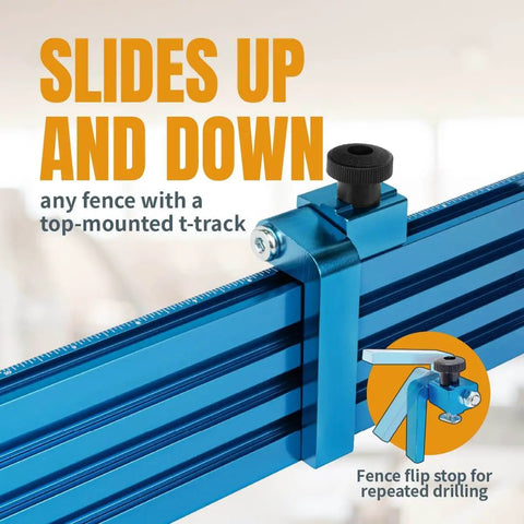 24 Inch T Slot Drill Press Fence Kit With Hardware For T Slot Drill Press Tables Laser Etched Scale Reversible Fence T Track Hold Down Clamps Flip Stops Mounting Brackets For Pro Grade Precision Woodworking, close-up of fence flip stop.