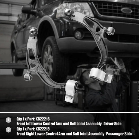 Front Lower Control Arms With Greasable Ball Joints For Ford Explorer 2011-2019 And Police Interceptor Utility 2013-2019 Driver And Passenger Side Kit Replaces K622215 K622216 installed view with mechanic in background