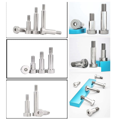 30 Pack Hex Socket Shoulder Bolts 5mm Diameter, M4 Thread, 15mm Length, 304 Stainless Steel Silvery Finish, shown in various angles