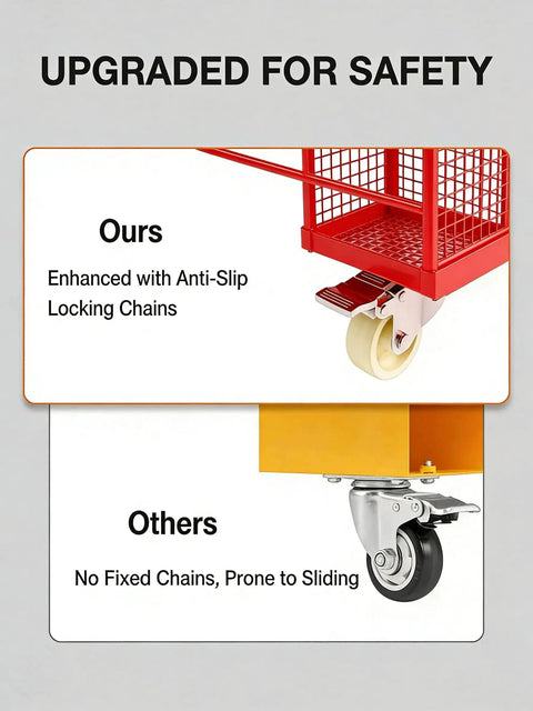 Close-up of foldable forklift safety cage with lockable wheels and anti-slip locking chains, comparing features with another product.
