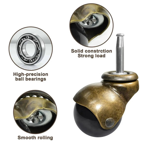 Brass Vintage 2 Inch Ball Caster Set Of 4 With 5/16 Inch By 1-1/2 Inch Stem For Furniture Cabinets Sofas And Chairs, close-up view showing construction and ball bearings.