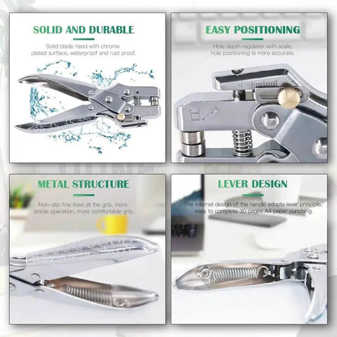 Collage of punch plier features for 300 Sets 1/5 Inch Multi Color Metal Eyelets Grommets Kit With Hole Punch Plier And 100 Extra Gold Eyelets