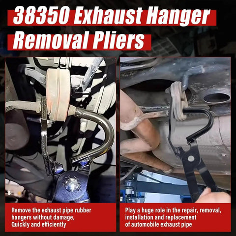 Exhaust Hanger Removal Pliers 25 Degree Offset For Cars And Trucks Non Slip Grip in use on vehicle exhaust system.
