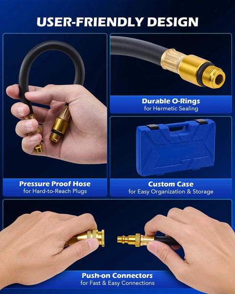 Leak Down Tester Kit For Auto Engines With Dual Gauge Readouts Complete Cylinder Leakage Diagnostic Tool For Gas Petrol Engines Spark Plug Tester Adapters And More By Orion Motor Tech, showing close-up of hose and connectors with case.