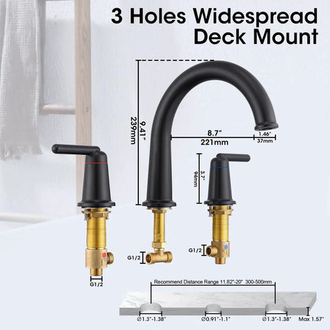 Matte Black Three Hole Widespread Deck Mount Tub Faucet Set With Premium Brass Valve Ceramic Disc Cartridge Backflow Check Valve High Flow Two Handle Roman Arch Bath Filler For Bathtub Modern Design Easy Install showing dimensions and installation guide.