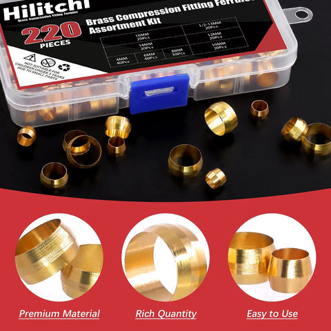 Hilitchi 220-piece brass compression sleeves ferrules kit with 8 sizes (4–16 mm) in plastic case
