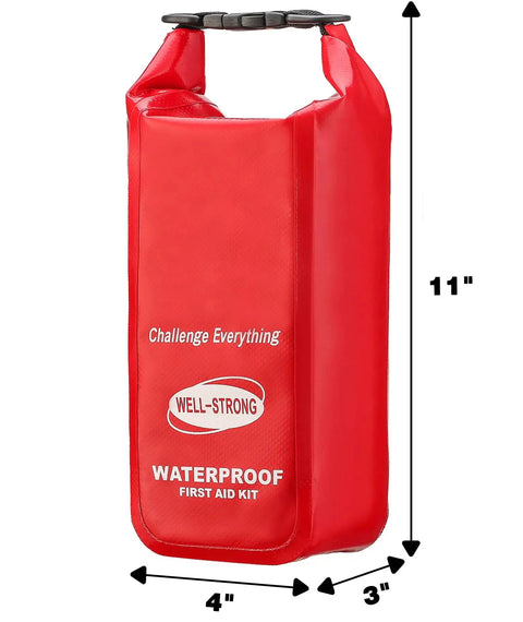 Red Well Strong waterproof roll top first aid kit with dimensions 11x4x3, ideal for boats and outdoor adventures.